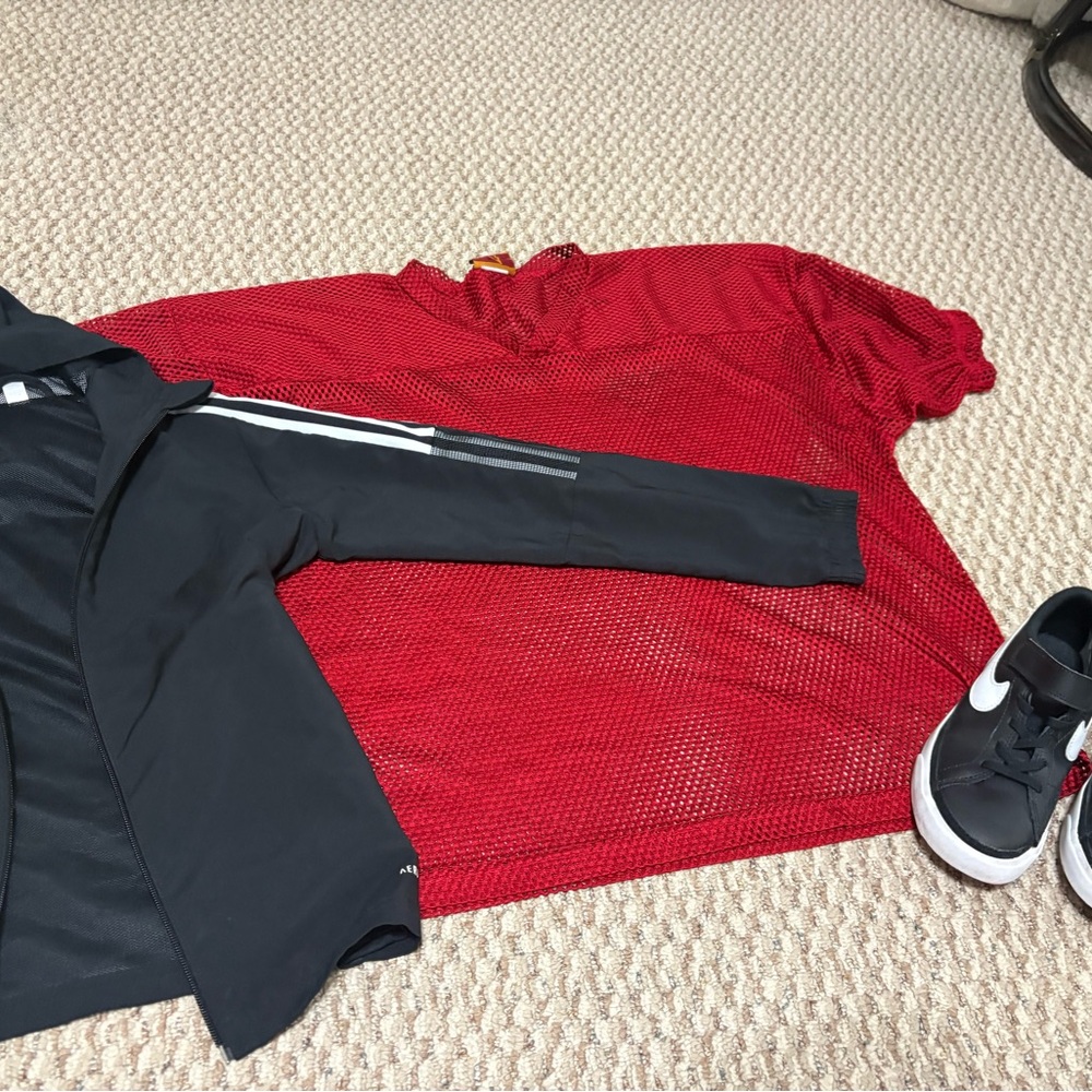 Red Mesh Top and Black Jacket and Nike shoes